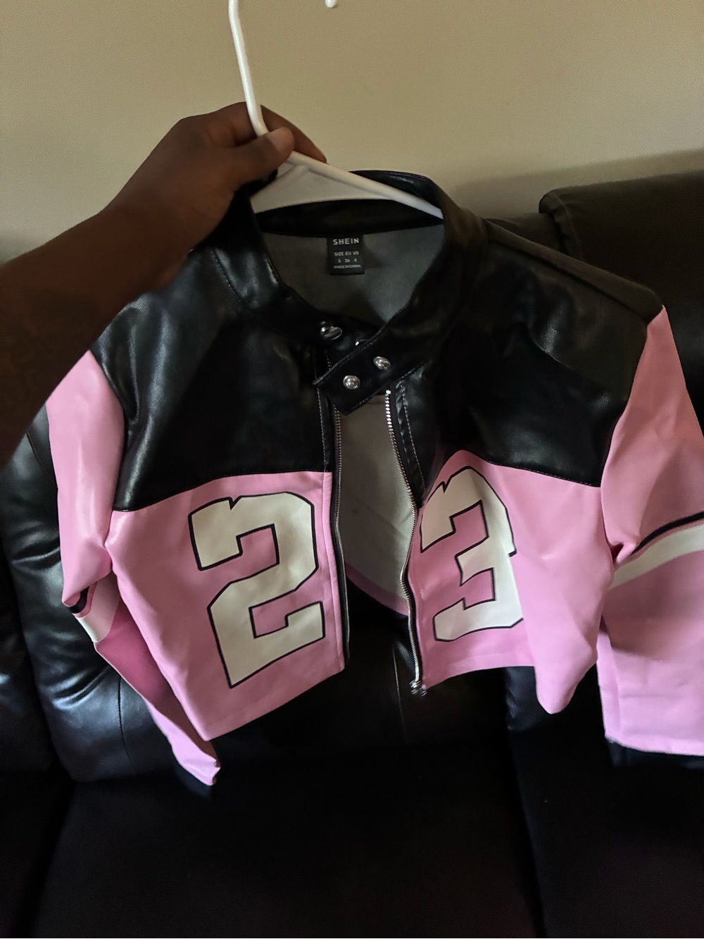 SHEIN Pink and Black Faux Leather Varsity Bomber Jacket
